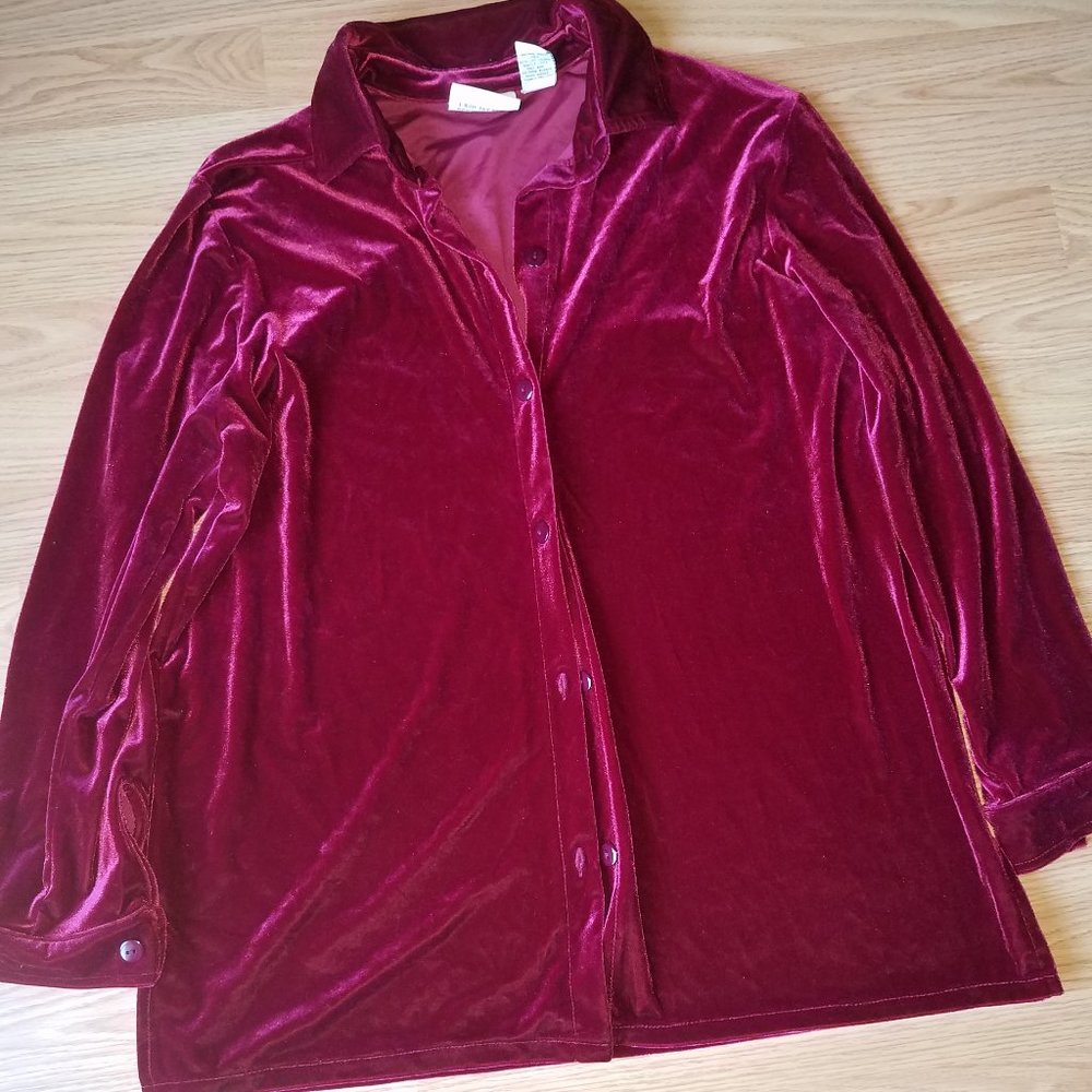 Appleseeds Wine Red Velvet Big Shirt, size Petite Large